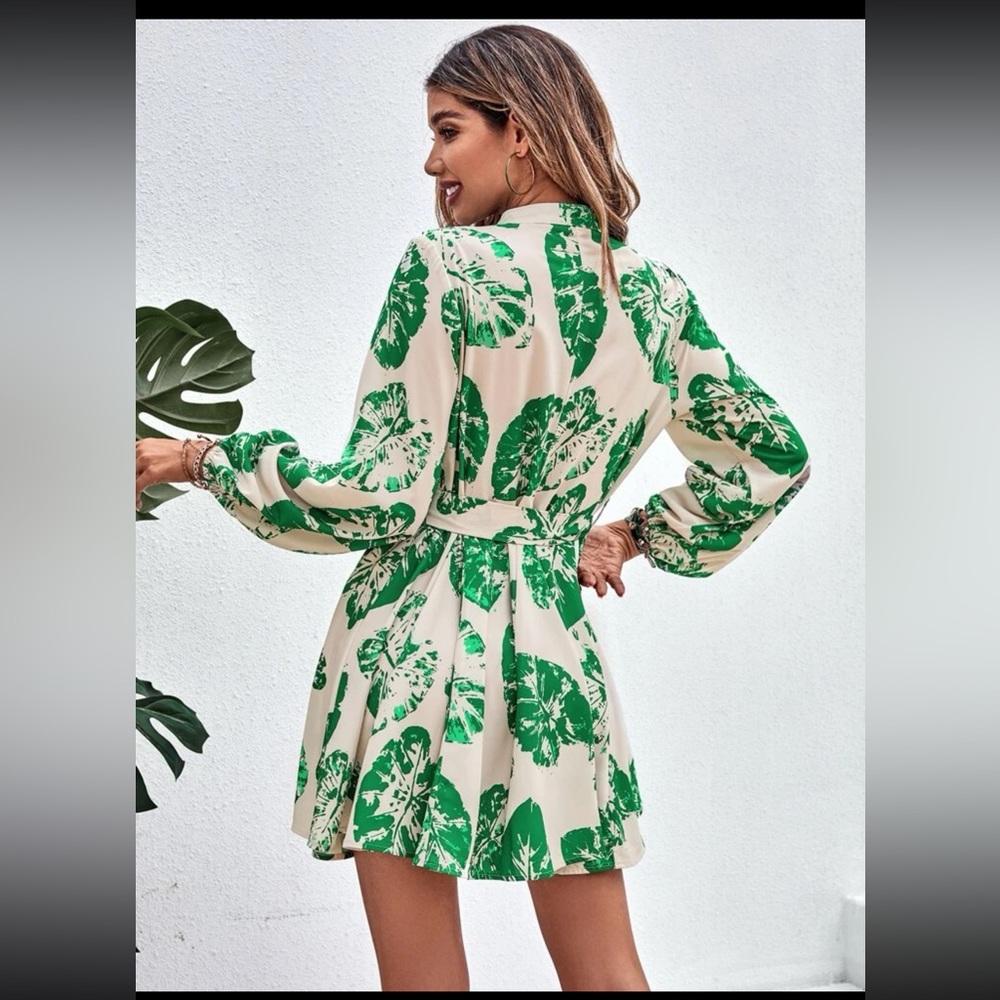 NWOT SHEIN Tropical Print Lantern Sleeve Belted Shirt Dress - Picture 8 of 11